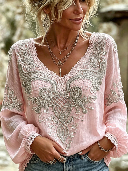Chemise femme élégante en coton-lin, imprimé dentelle florale et nœud celtique viking