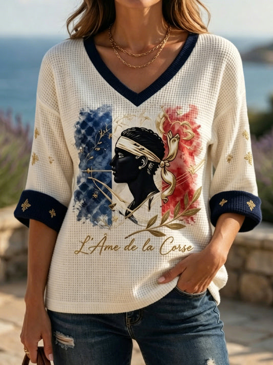 Top vintage corse décontracté à col en V et maille gauffrée pour femme
