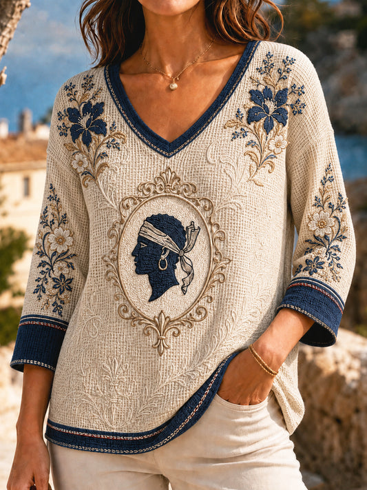 Femmes Rétro Corse Floral Patchwork Casual Waffle Weave Top
