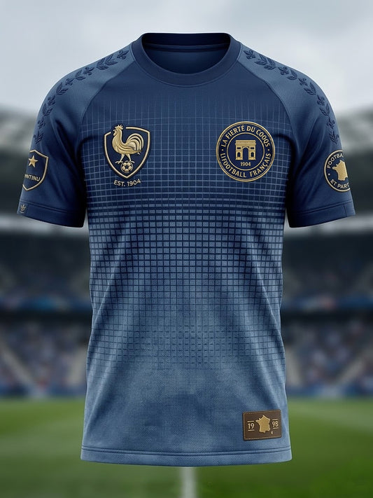 T-shirt décontracté à carreaux dégradé de football français rétro