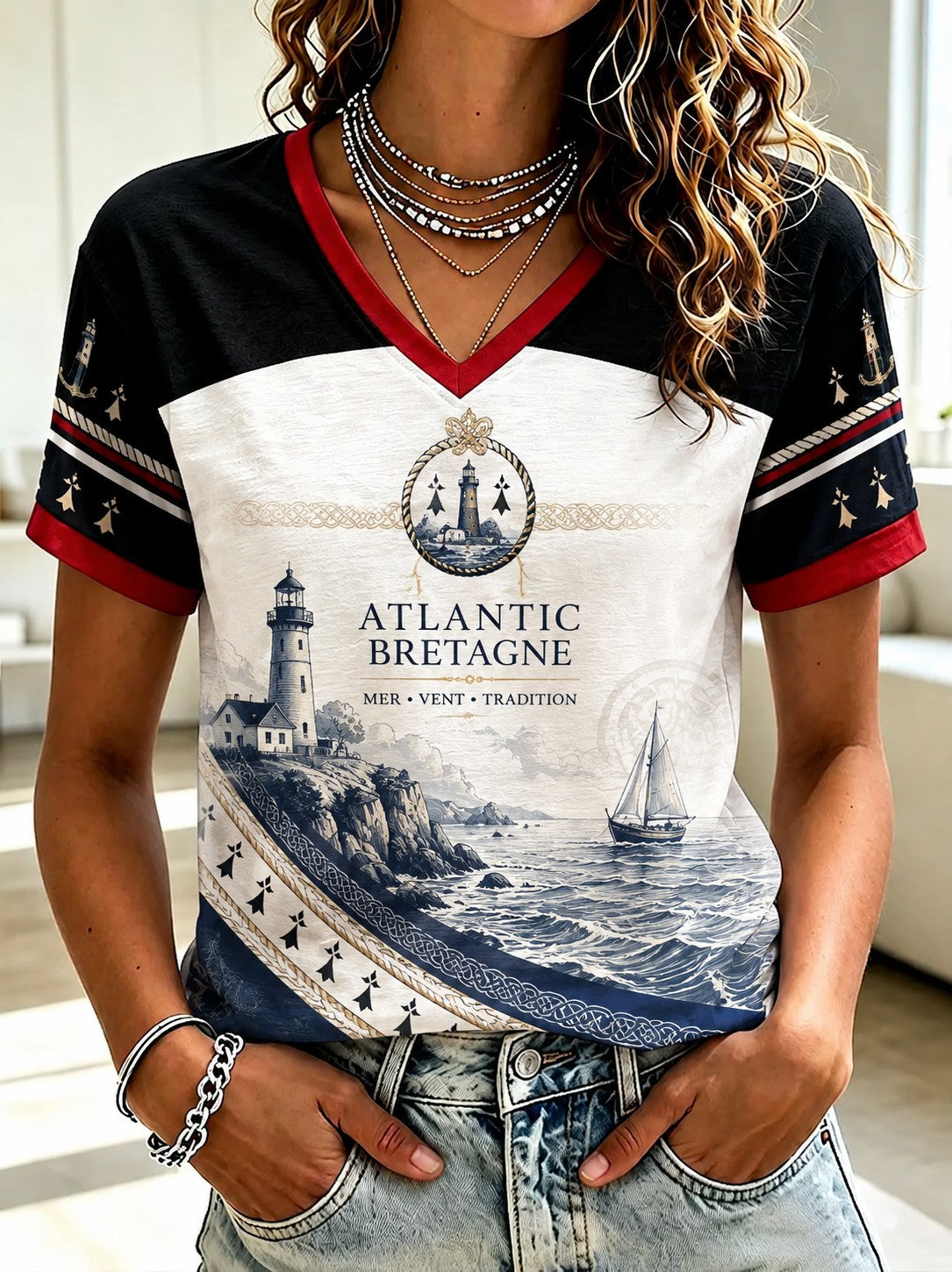 T-shirt à col en V France Brittany Celtic pour femme