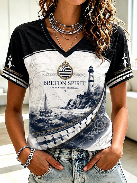 T-shirt à col en V imprimé celtique de Bretagne, pour femme