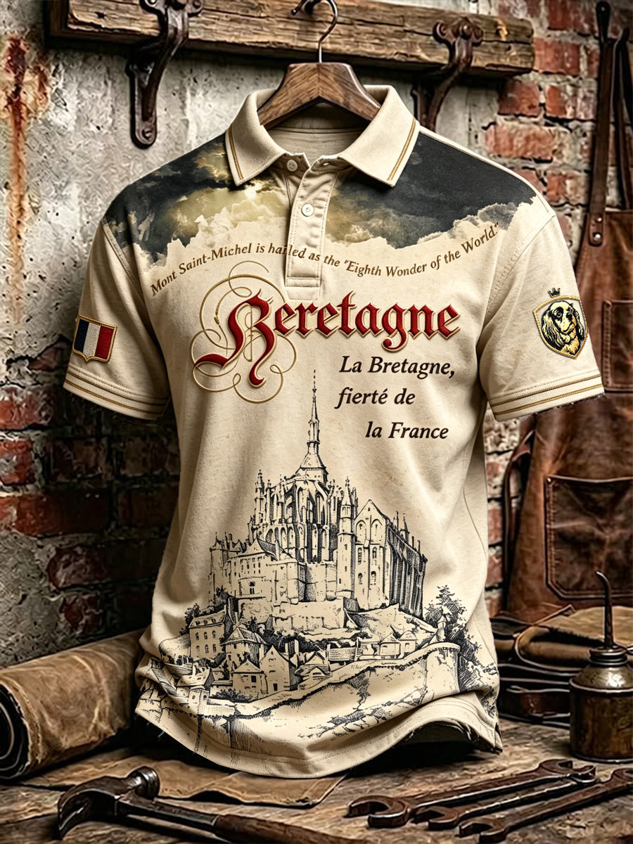 Polo décontracté pour homme, style vintage français de Bretagne, motif du Mont-Saint-Michel