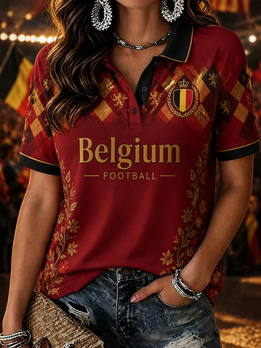 Polo Femme Imprimé Floral Football à Manches Courtes