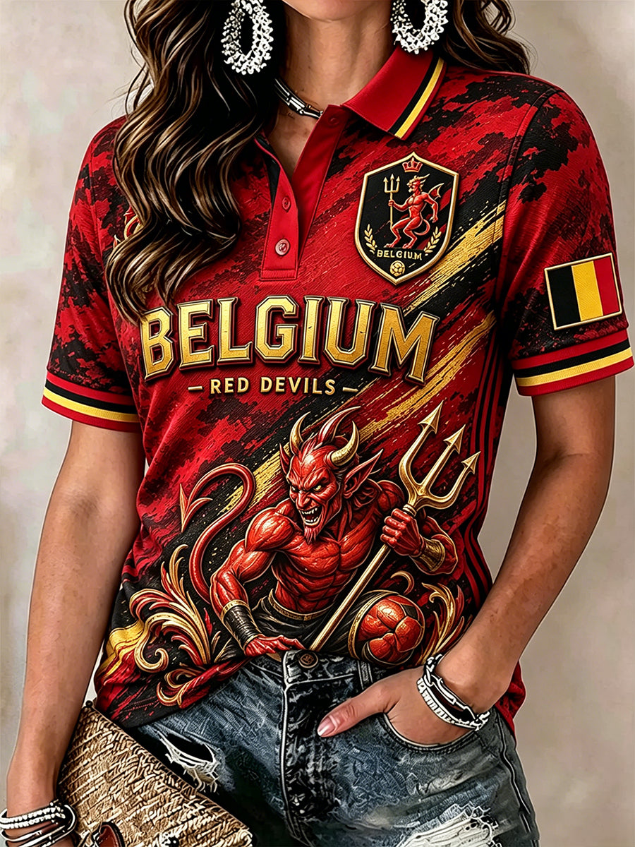 Polo Femme Rouge À Manches Courtes Imprimé Diables De Football