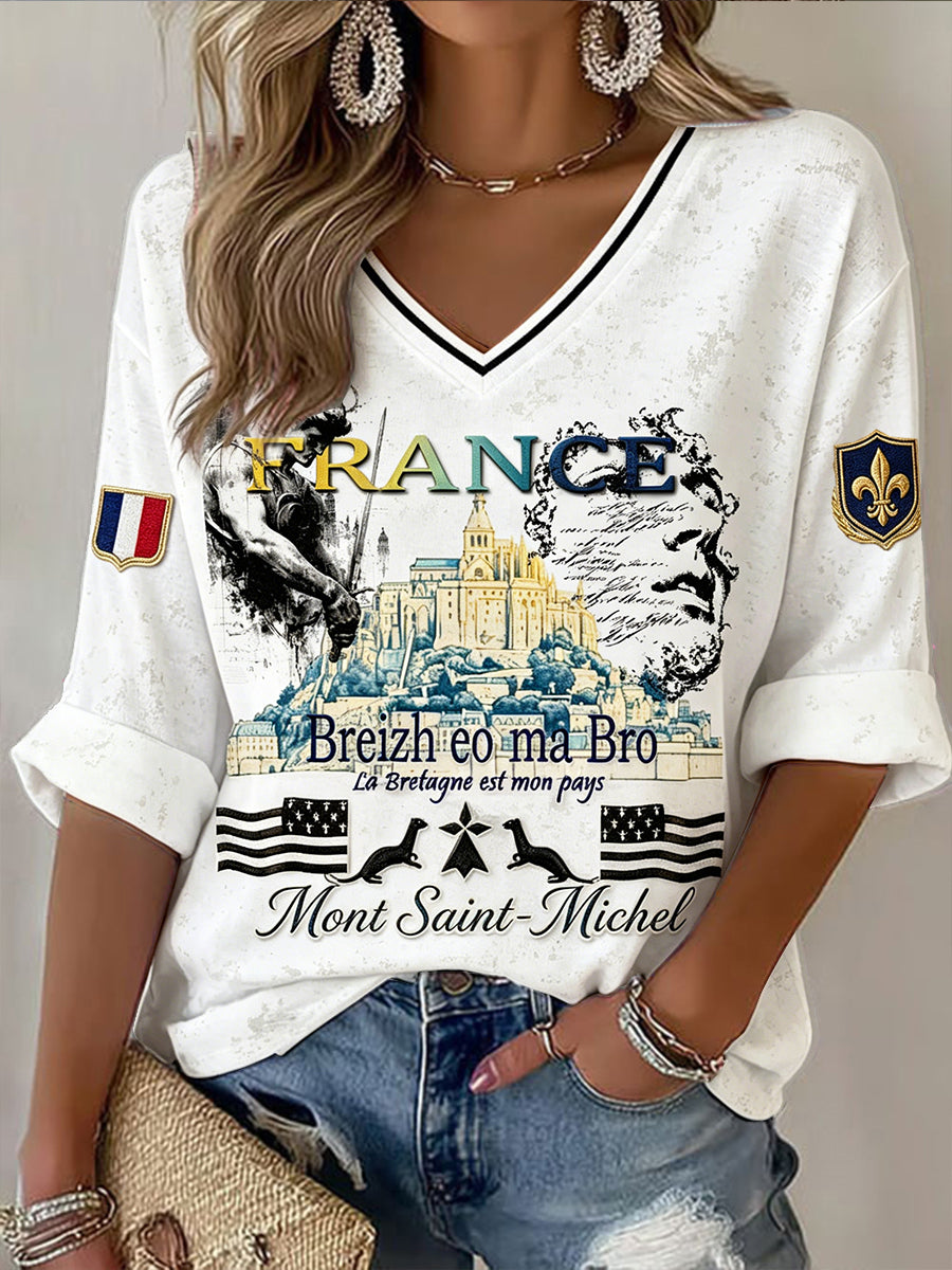 T-shirt décontracté à col en V pour femme, imprimé blanc de la Bretagne française et du Mont-Saint-Michel