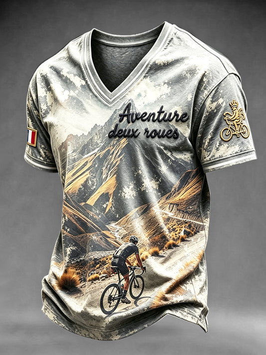 T-shirt à col en V à imprimé mode décontracté Tour de France pour hommes