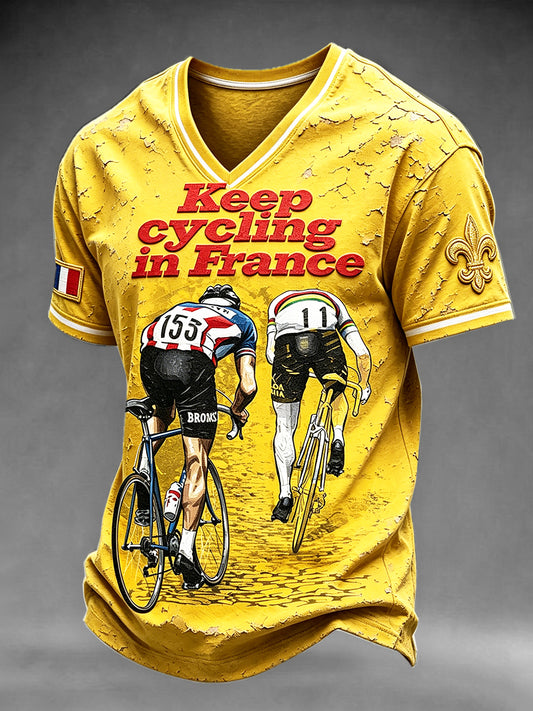 T-shirt Homme Jaune Tour de France Cyclisme Imprimé Décontracté Col V