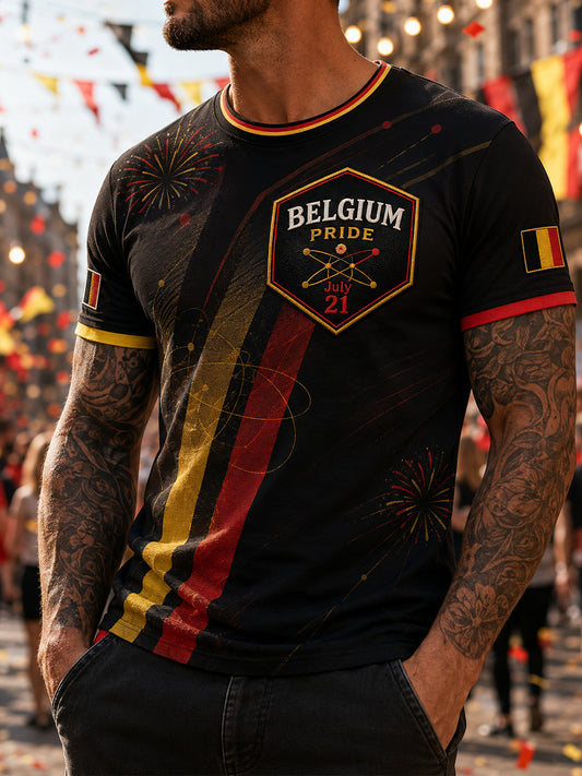 T-shirt de vêtements de fête nationale belge rétro Art Print Casual
