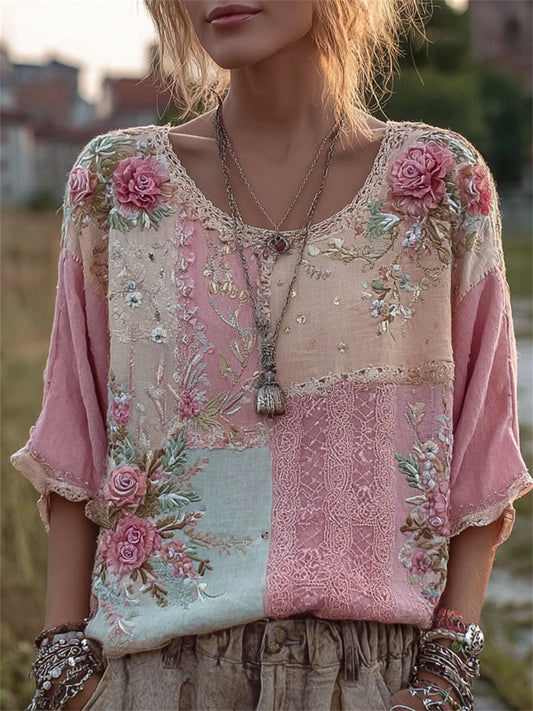 Tunique en lin pour femme, style vintage, motifs floraux roses, imprimé artistique à blocs de couleurs et texture