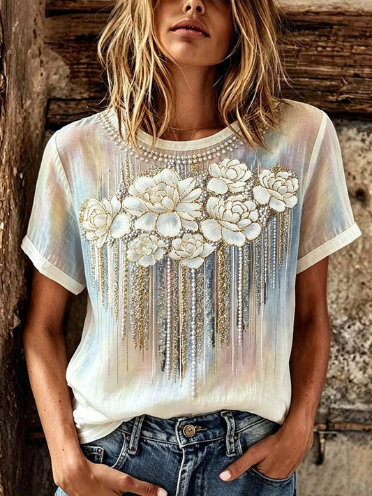T-shirt femme à manches courtes en coton et lin imprimé à motif de fleurs