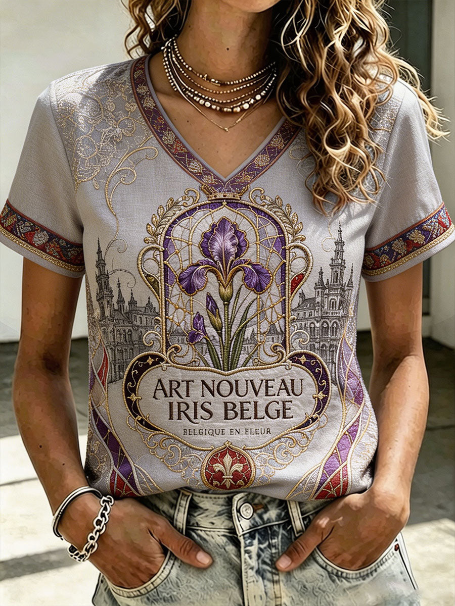 T-shirt en lin imprimé d’art représentant des iris, pour la Fête nationale belge des femmes