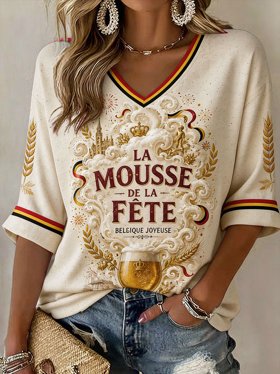 Hauts en lin imprimés au motif de bières pour la fête nationale belge des femmes