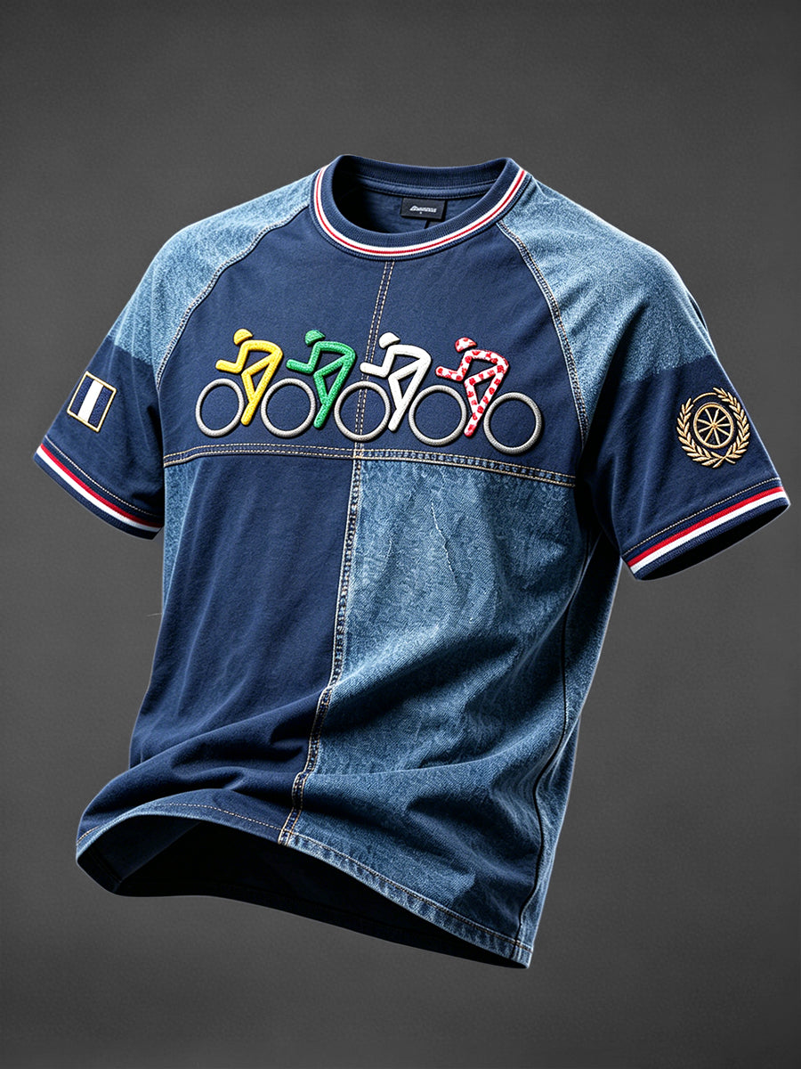 T-shirt décontracté pour homme, bleu, motif patchwork en jean, inspiration Tour de France français