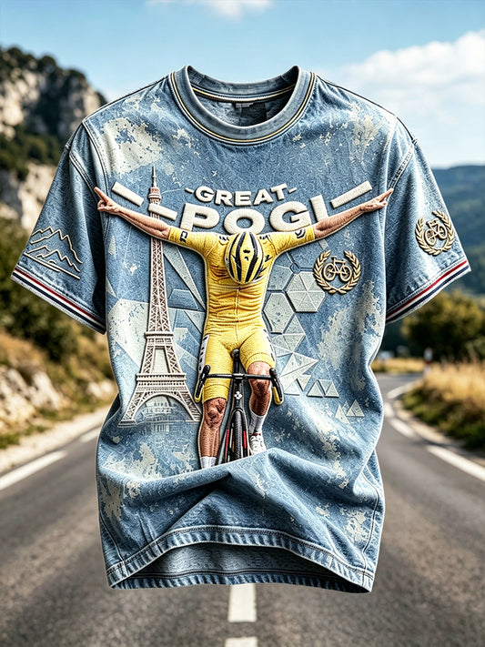 T-shirt décontracté pour homme en denim, imprimé inspiré du Tour de France