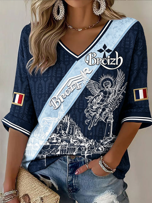 T-shirt femme bleu à col en V, imprimé Bretagne française et Mont Saint-Michel