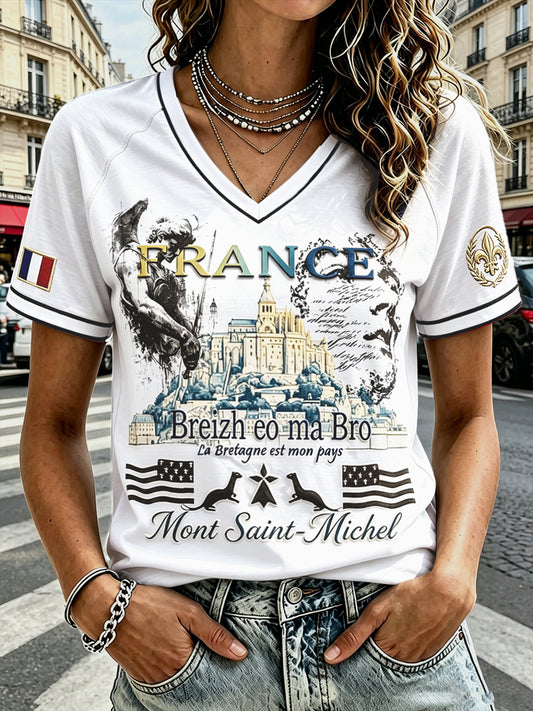 T-shirt décontracté pour femme, imprimé du Mont-Saint-Michel, col en V, épaules tombantes