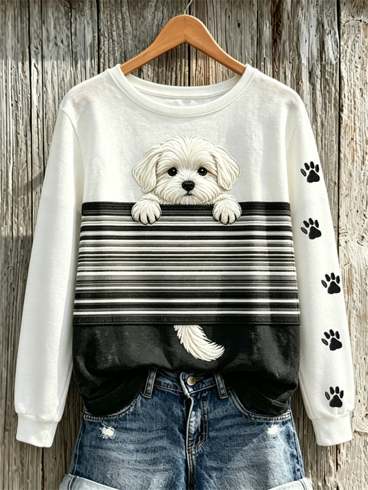 Sweat-shirt Femme Peeking Maltese Dog & Paw Prints Colorblock Print