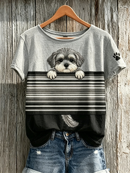 Peeking Schnauzer Dog & Paw Print Colorblock T-shirt à manches courtes pour femme