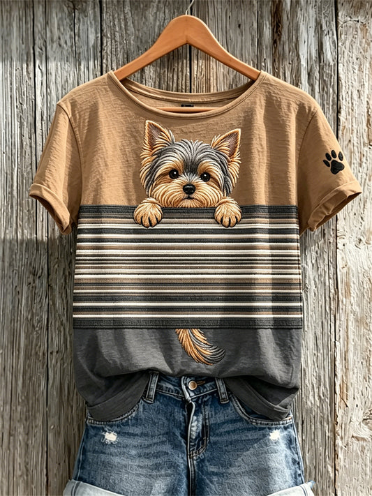 T-shirt Femme Peeking Yorkshire Dog & Paw Print Colorblock Imprimé à manches courtes