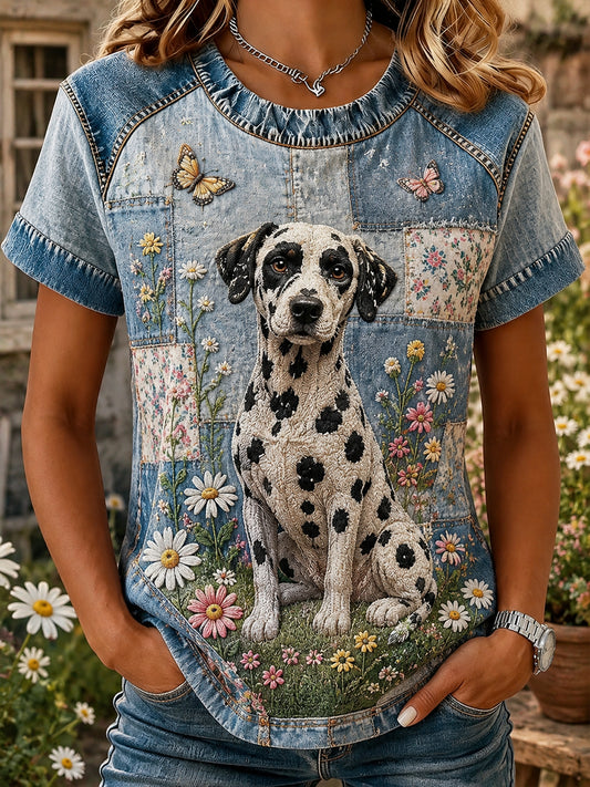 T-shirt décontracté à manches courtes à imprimé floral patchwork de style vintage pour femmes