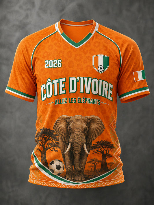 T-shirt à col en V pour homme, motif football et éléphant