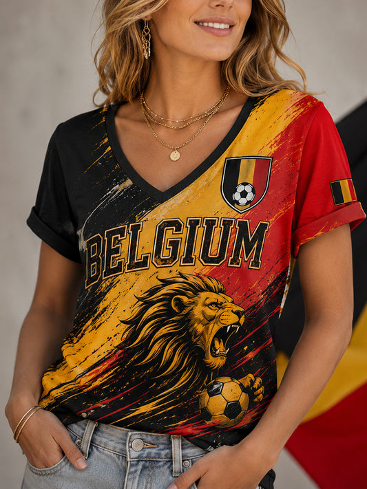 Top Femme Imprimé À Manches Courtes Col V Thème Football