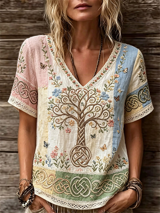 Femme Vintage Floral Arbre de Vie Celtique Noeud Colorblock Imprimer lin manches courtes T-shirt