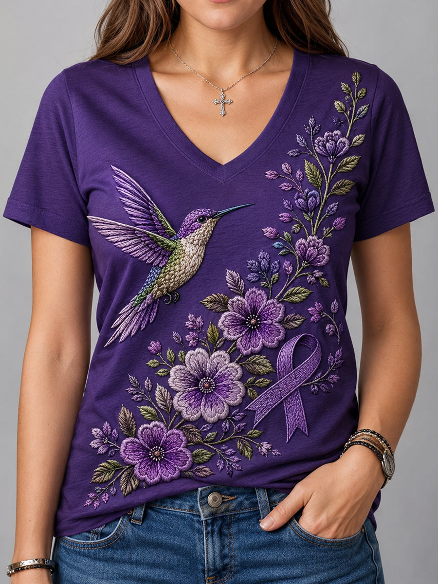 T-shirt à col en V pour femmes, imprimé floral violet et colibris, en soutien à la sensibilisation à la maladie d’Alzheimer