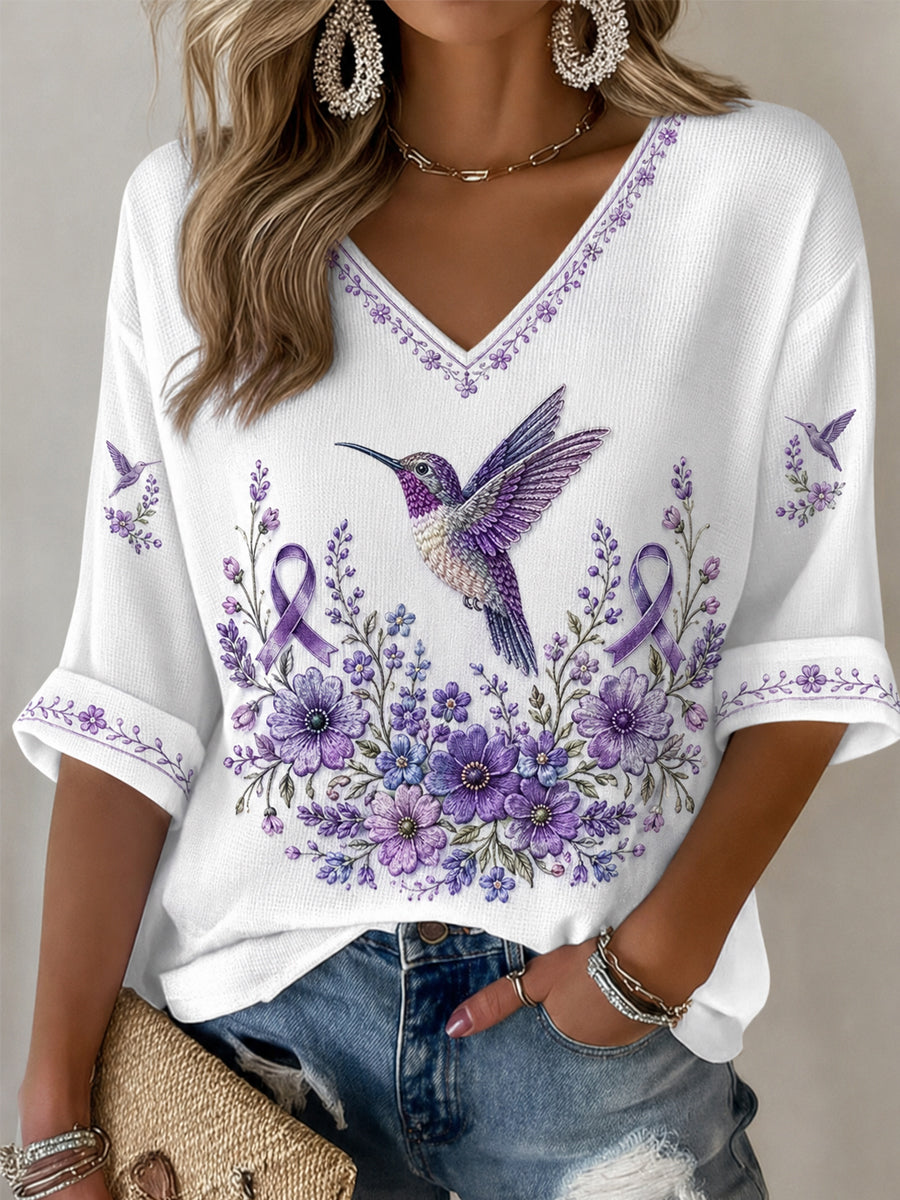 Femmes Violet Floral & Colibri Imprimer la conscience de la maladie d'Alzheimer soutien demi-manches V-Neck T-Shirt