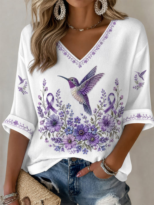 Femmes Violet Floral & Colibri Imprimer la conscience de la maladie d'Alzheimer soutien demi-manches V-Neck T-Shirt
