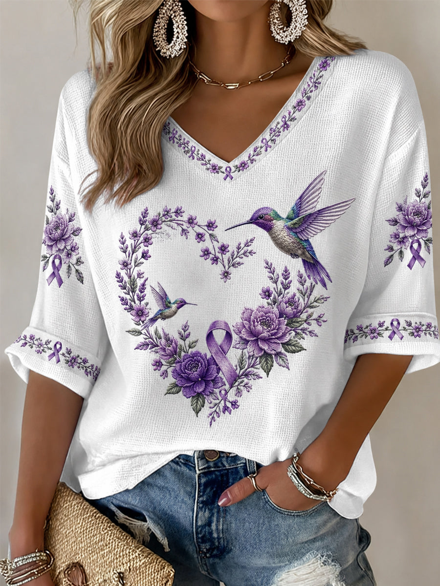 T-shirt à manches mi-longues et col en V pour femmes, imprimé floral violet et colibri, soutien à la sensibilisation à la maladie d’Alzheimer