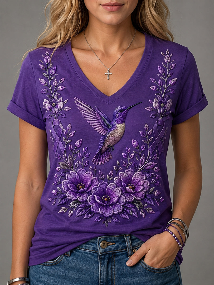 T-shirt à col en V pour femmes, imprimé floral violet et colibris, en soutien à la sensibilisation à la maladie d’Alzheimer