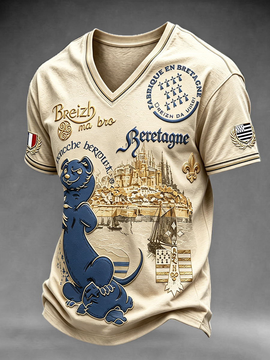 T-shirt décontracté pour homme, style vintage français de Bretagne, motif du Mont-Saint-Michel, col en V