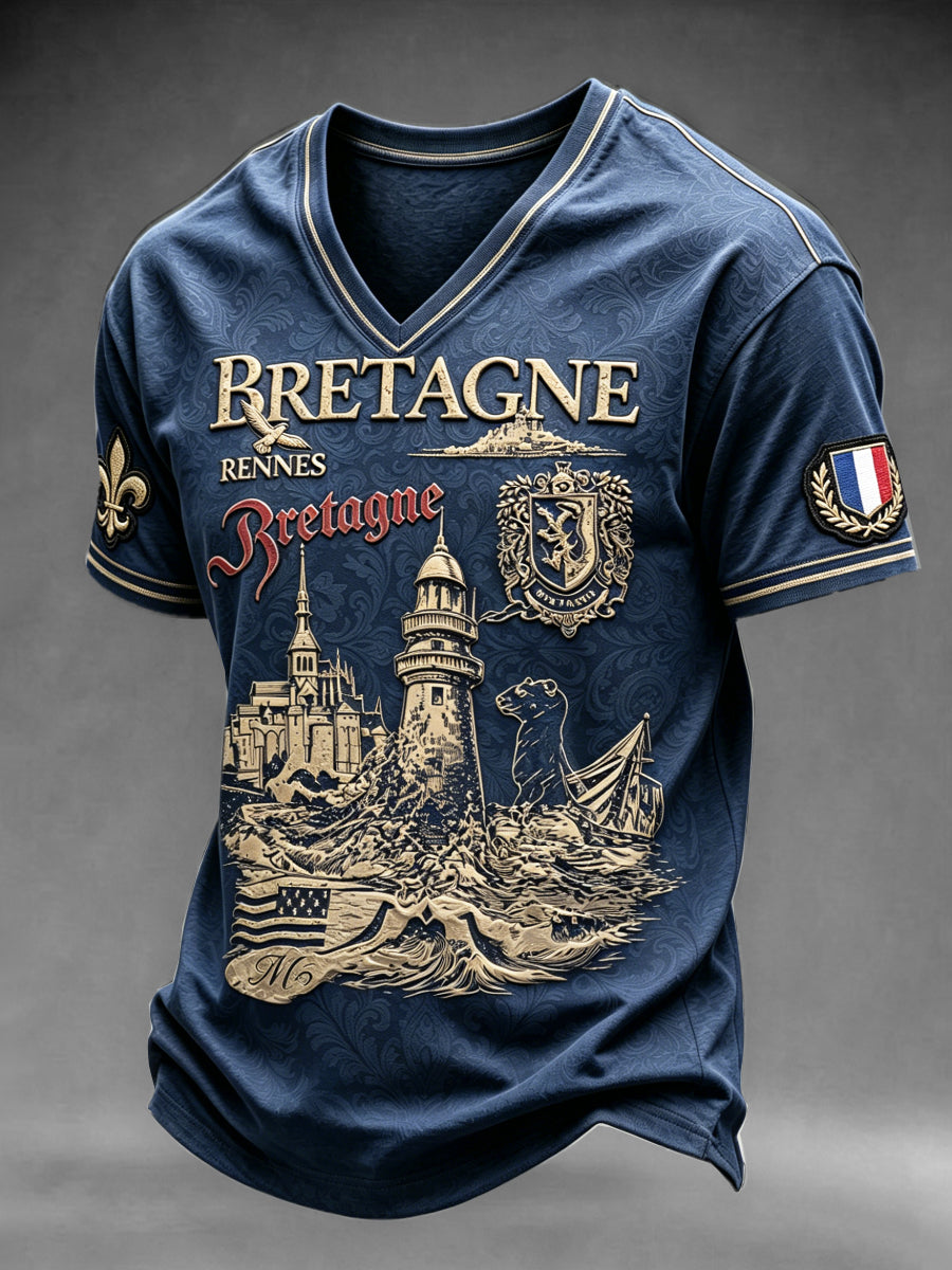 T-shirt décontracté à col V pour homme, de style breton français, vintage, bleu foncé imprimé