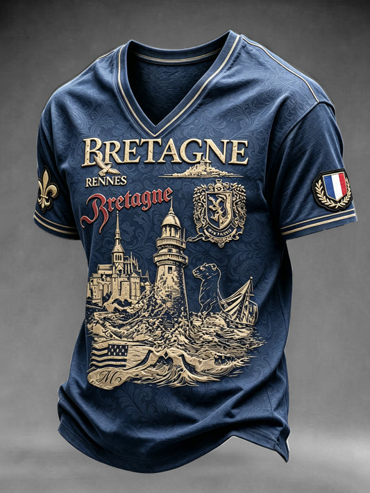T-shirt décontracté à col V pour homme, de style breton français, vintage, bleu foncé imprimé