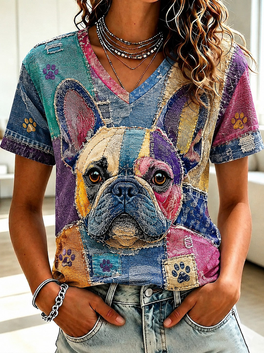 T-shirt à col en V imprimé Art Dog pour femmes