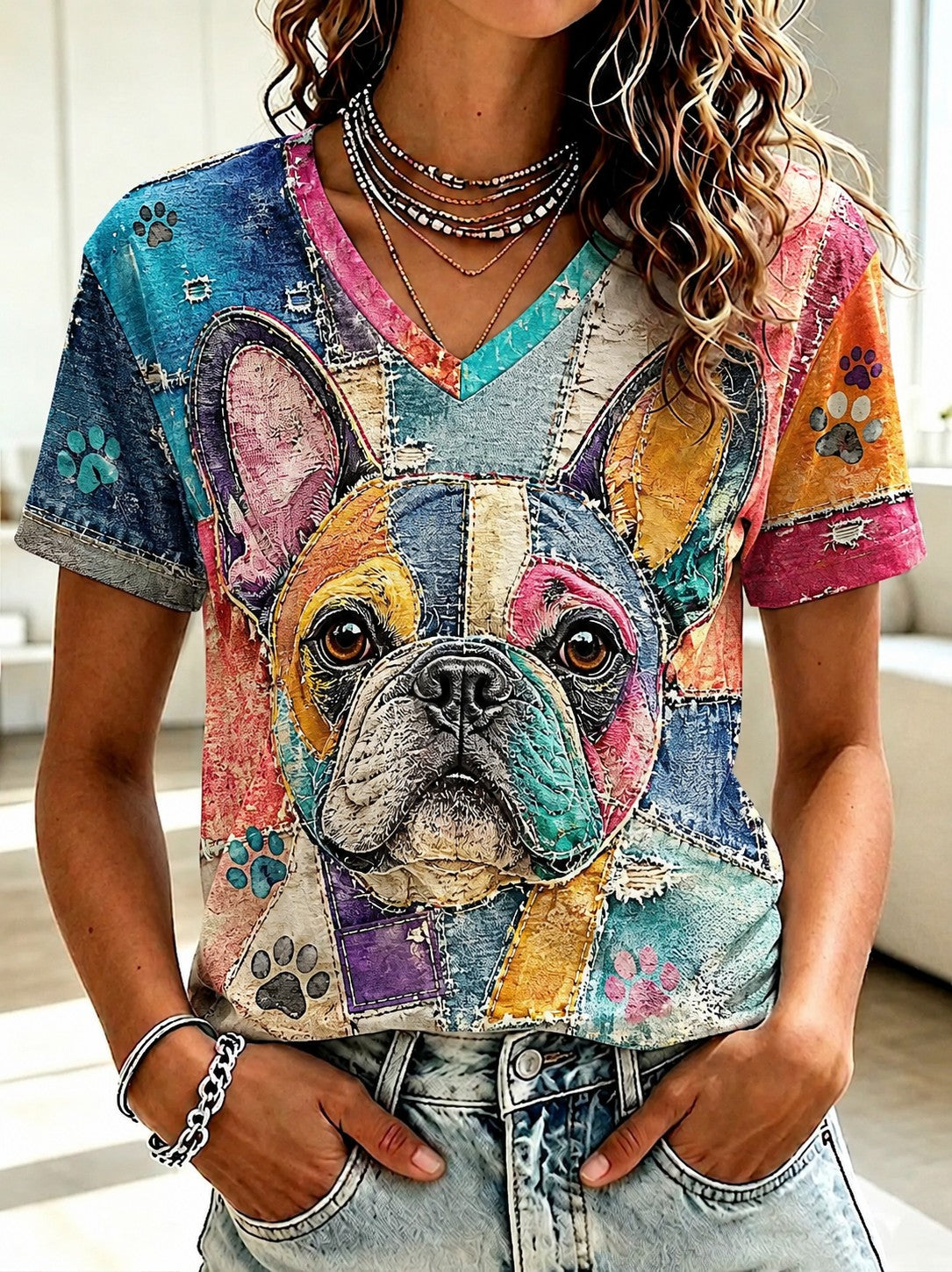 T-shirt à col en V imprimé chien pour femme