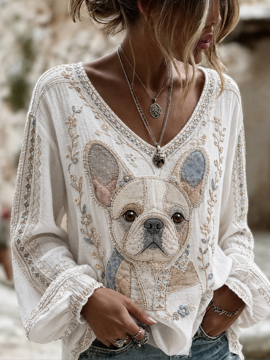Chemise en coton-lin à imprimé chien pour femme