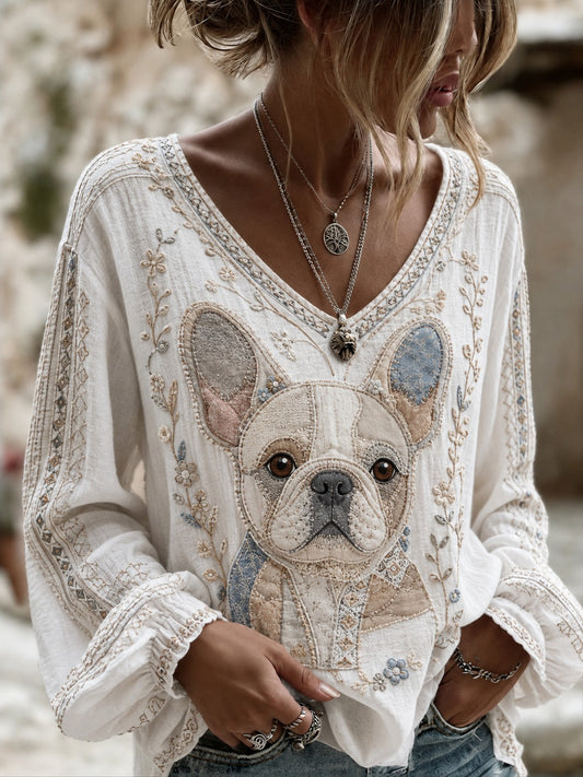 Chemise en coton-lin à imprimé chien pour femme