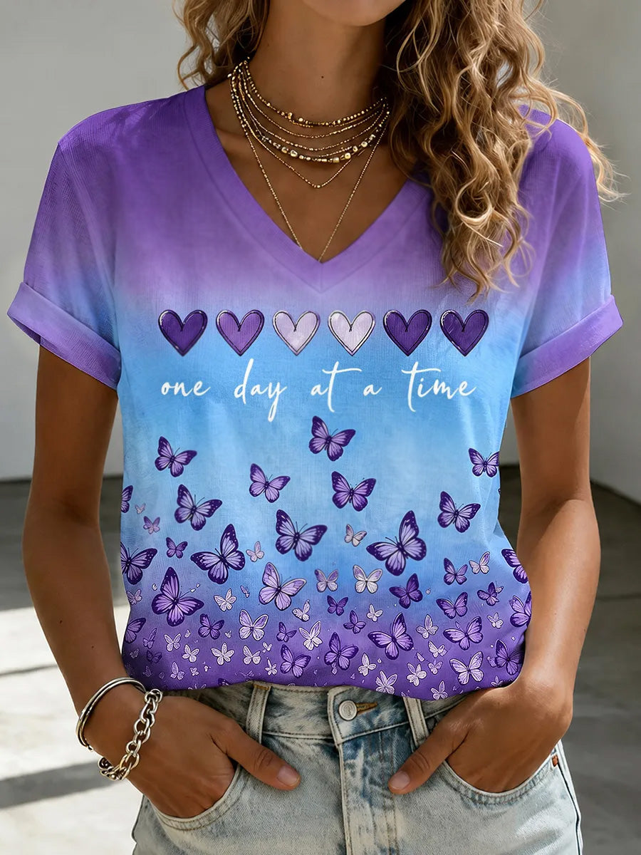T-shirt imprimé à col en V pour femmes, sensibilisation à la maladie d'Alzheimer