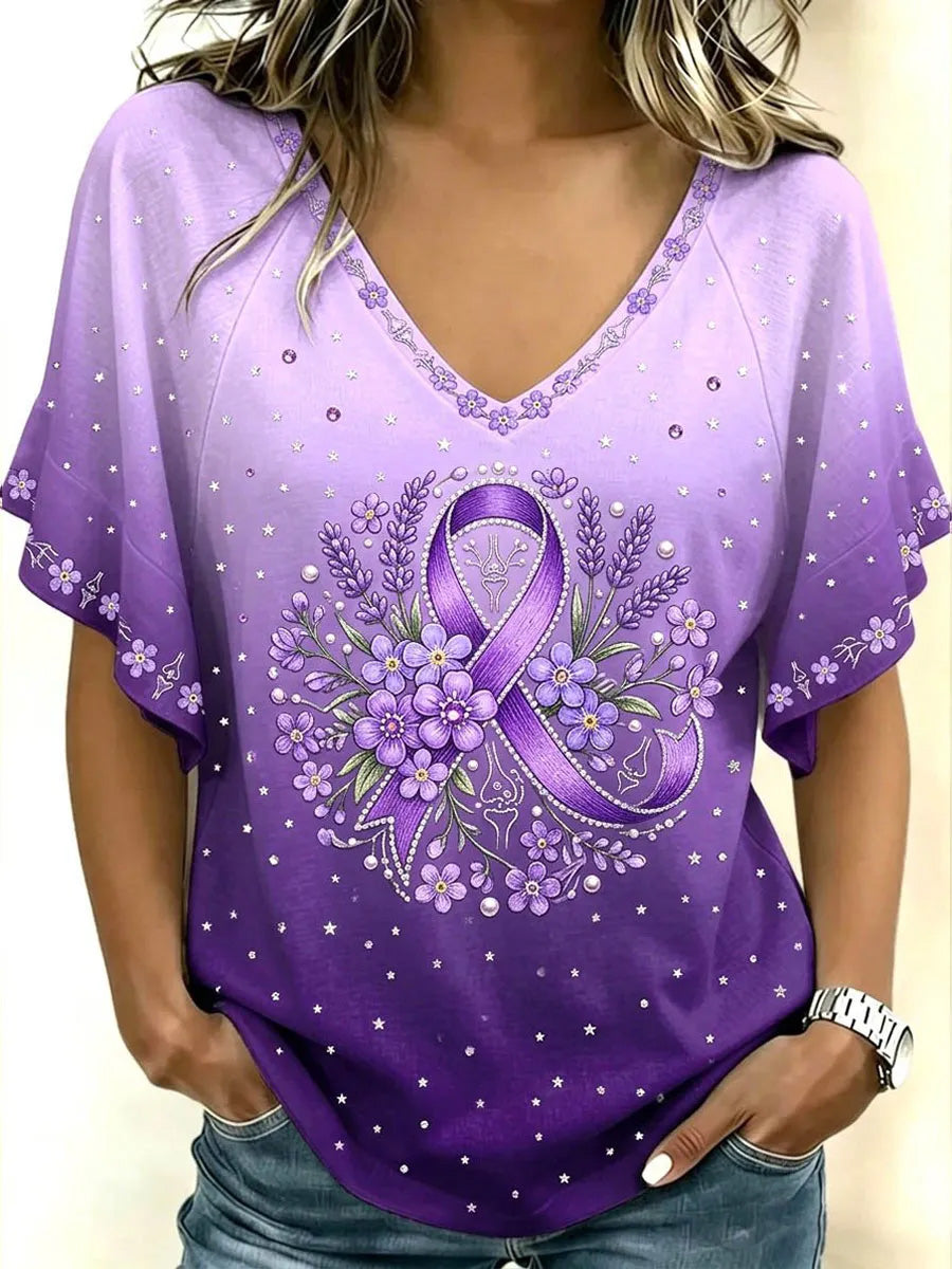 T-shirt à col en V pour femmes, imprimé floral violet et de sensibilisation à la maladie d’Alzheimer