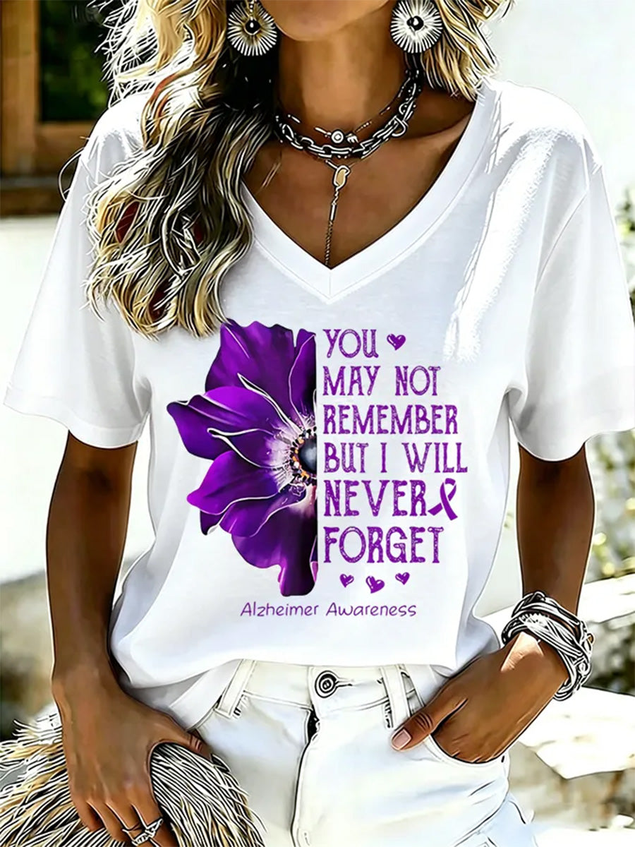 T-shirt à col en V pour femmes, imprimé floral violet et de sensibilisation à la maladie d’Alzheimer