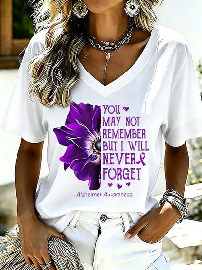T-shirt à col en V pour femmes, imprimé floral violet et de sensibilisation à la maladie d’Alzheimer