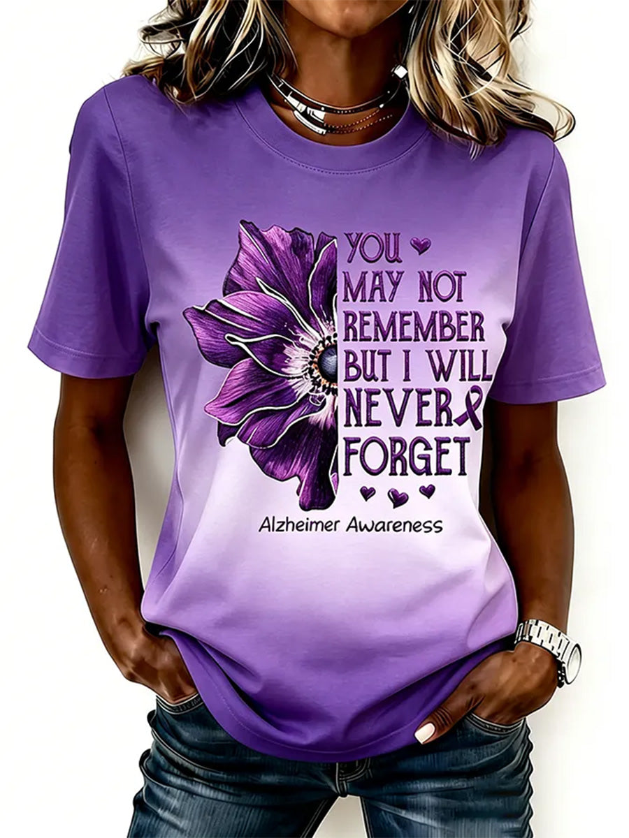 T-shirt femme à imprimé floral violet et de sensibilisation à la maladie d’Alzheimer