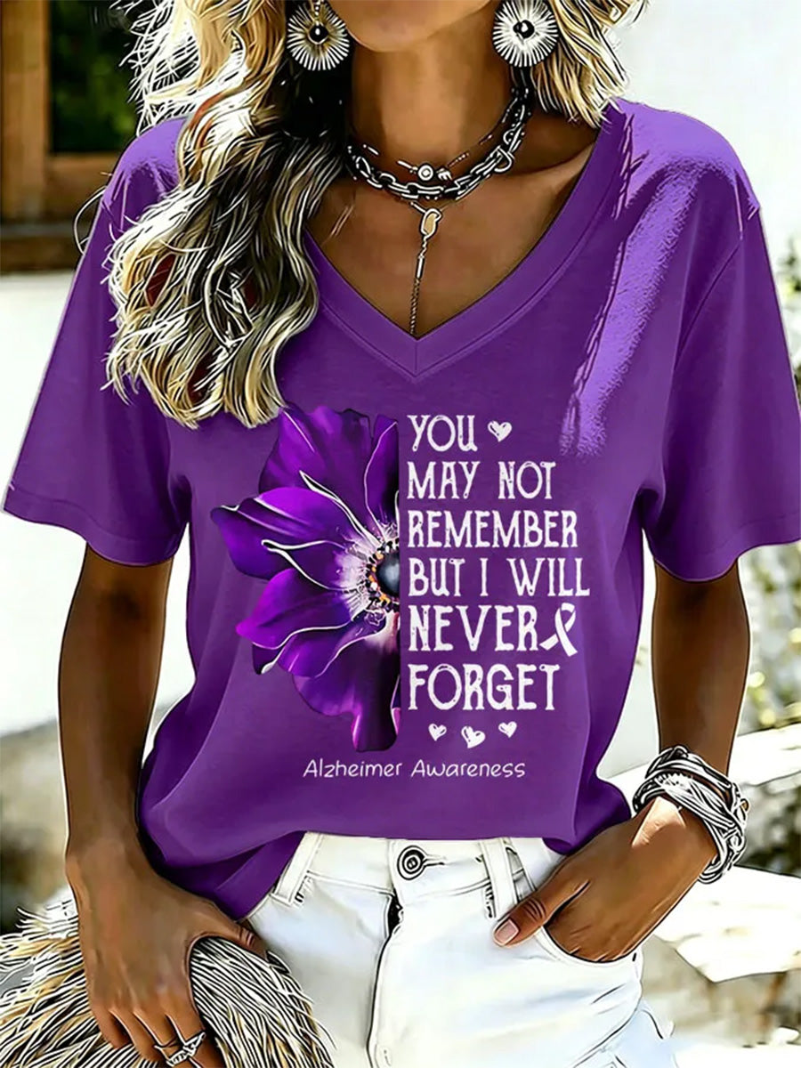 T-shirt à col en V pour femmes, imprimé floral violet et de sensibilisation à la maladie d’Alzheimer