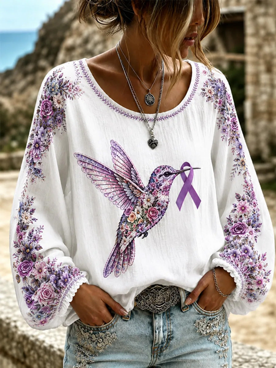 Haut à manches longues de soutien de la conscience de la maladie d'Alzheimer à imprimé floral et colibri violet pour femme