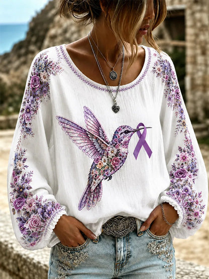 Haut à manches longues de soutien de la conscience de la maladie d'Alzheimer à imprimé floral et colibri violet pour femme