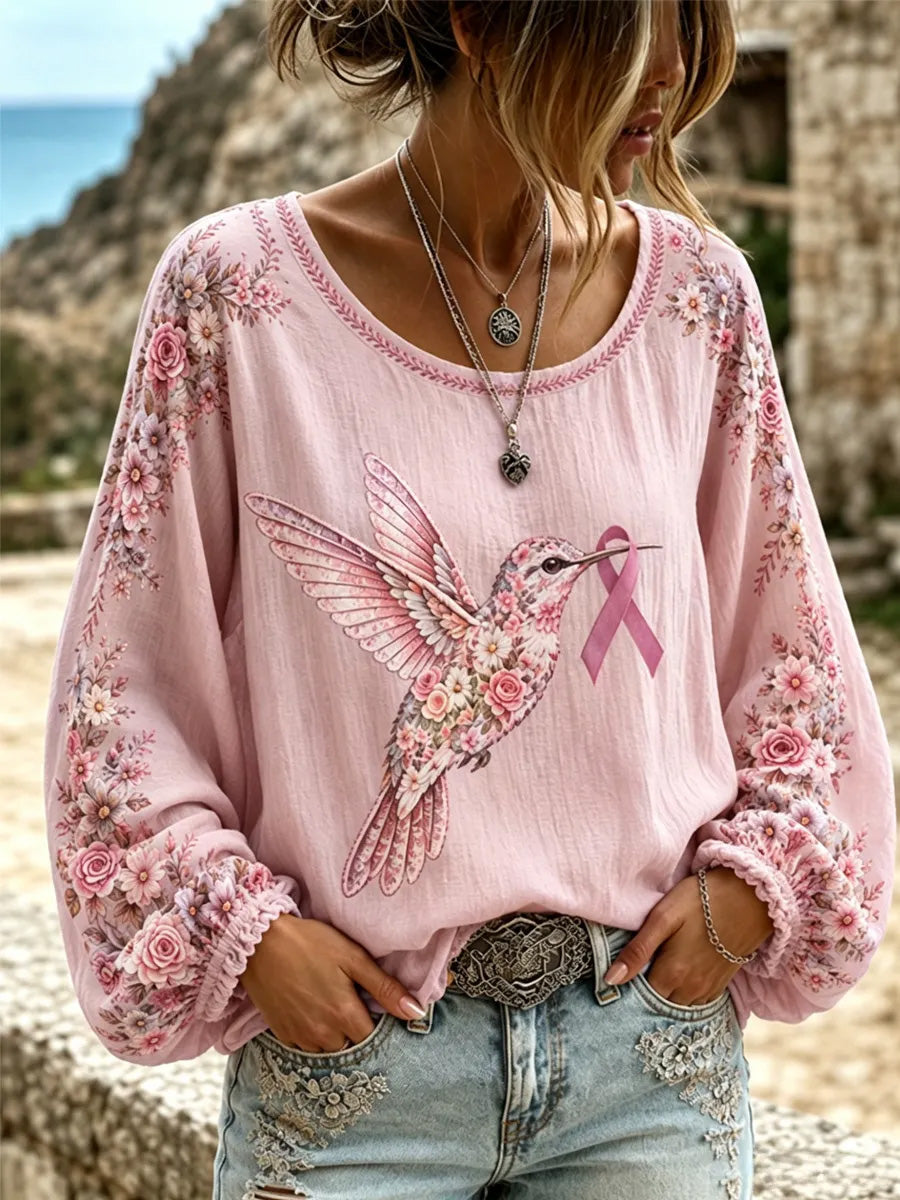 Haut à manches longues de soutien de la conscience de la maladie d'Alzheimer à imprimé floral et colibri violet pour femme