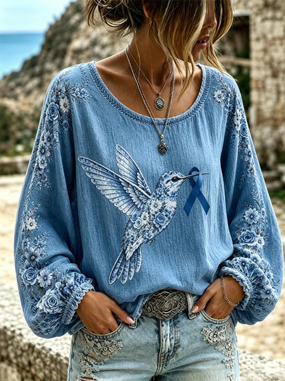 Haut à manches longues de soutien de la conscience de la maladie d'Alzheimer à imprimé floral et colibri violet pour femme
